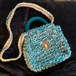 Crossbody Bag Teal Blue and White with Braided Handle and Surface Handmade